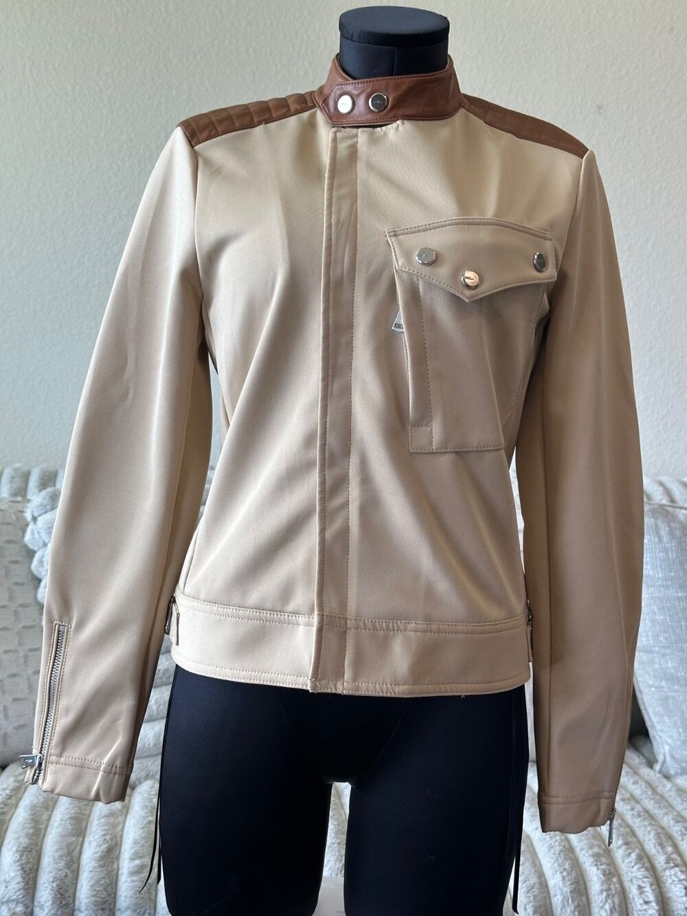 Polo Ralph Lauren Cafe Racer Moto Jacket Beige Tan Leather Trim Elbow Pat S 172